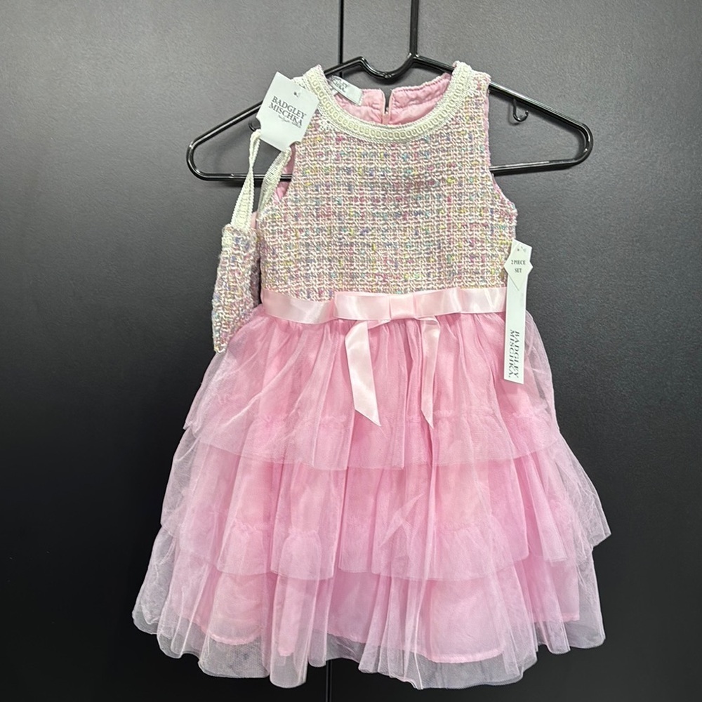 Badgley Mischka Knit sparkle chest,lined sleeveless, zipper back 3 tier netting